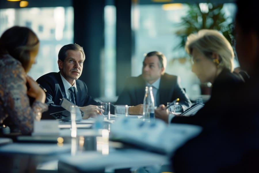 personas en una mesa de reuniones. Dos hombres y dos mujeres, con traje oscuro. Al fondo, ventanal que deja ver un entorno urbano