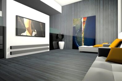salón de una casa, de diseño moderno. En tonos grises y blancos. De corte minimalista