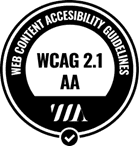 Sello circular blanco y negro de accesibilidad. Incluye en su interior blanco con borde negro, el texto WCGA 2.1 AA